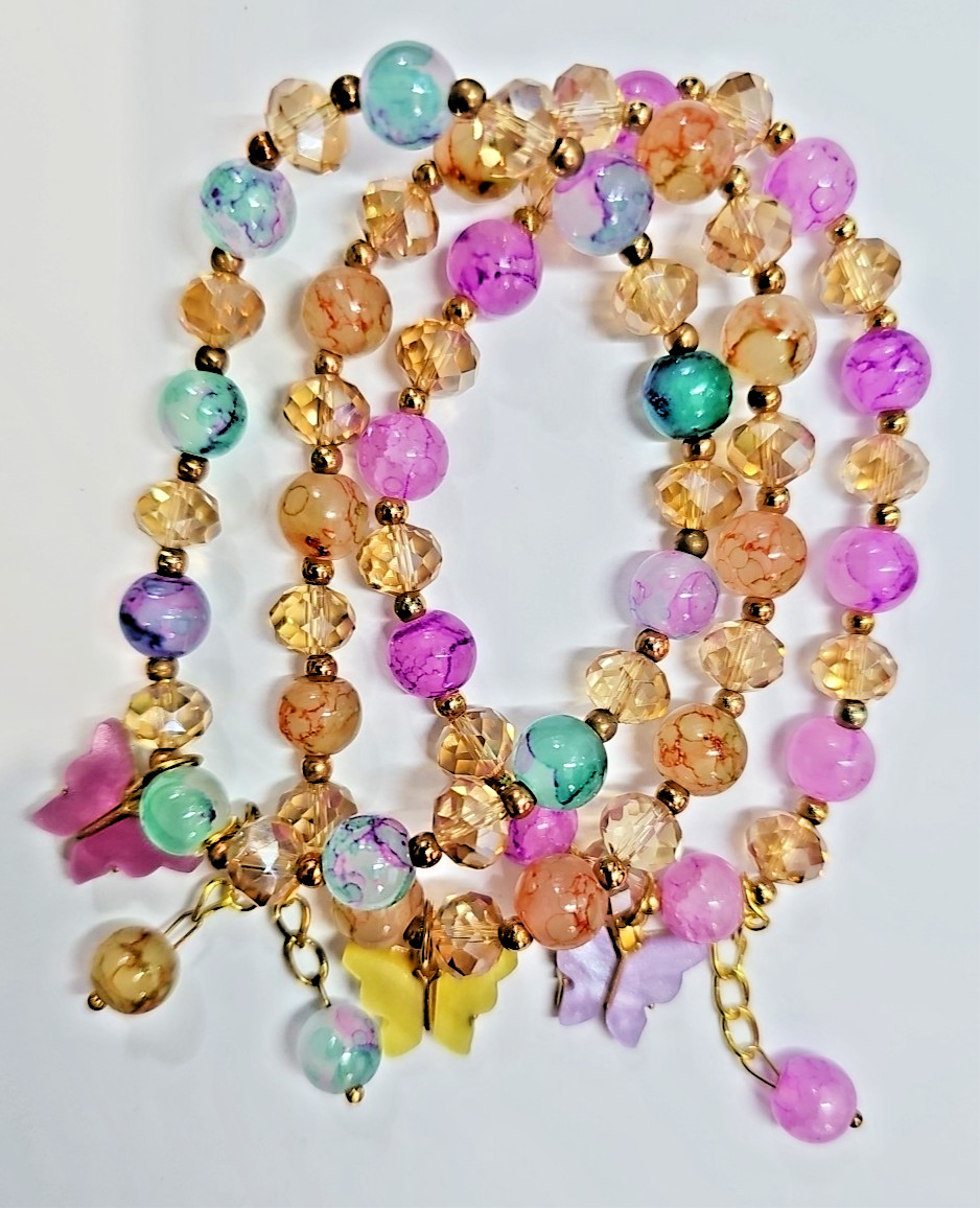 Glass Bead Bracelet w/ Butterfly Charm & Dangling Bead Mix & Match from 6 Colors