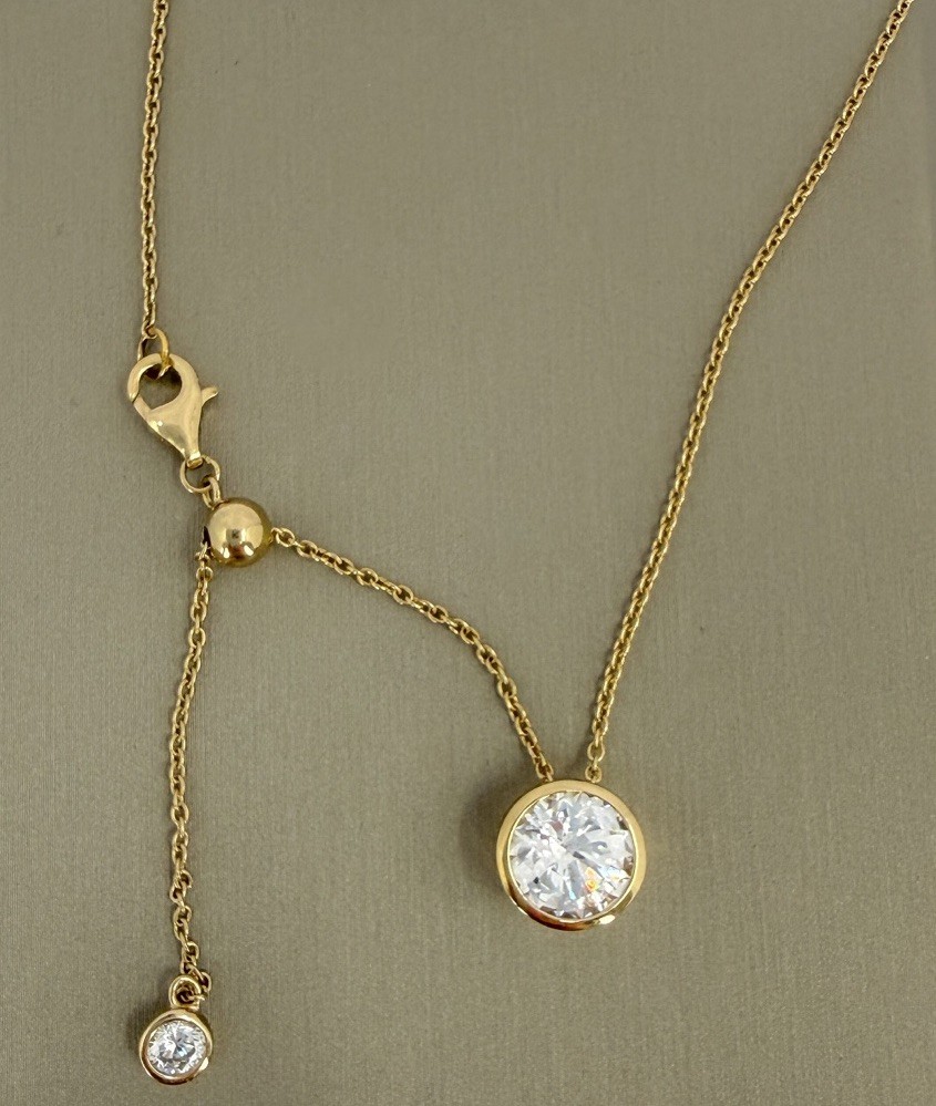 Diamonique CZ 2ct DE Bezel Pendant 14K Gold Clad Sterling 25” Adjustable Chain