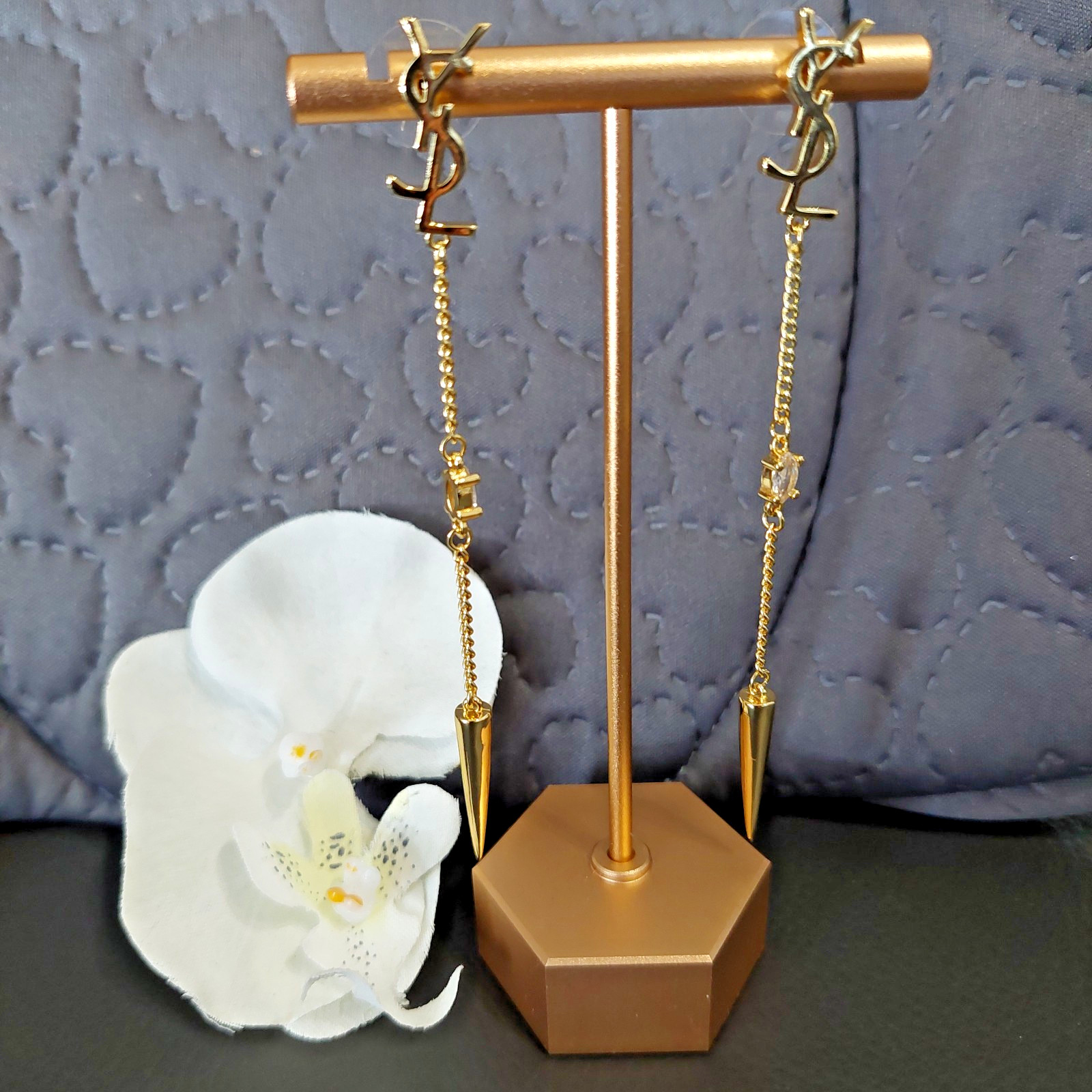 Auth YVES SAINT LAURENT YSL Crystal LOGO Long Chain Drop EARRINGS Gold T G2U