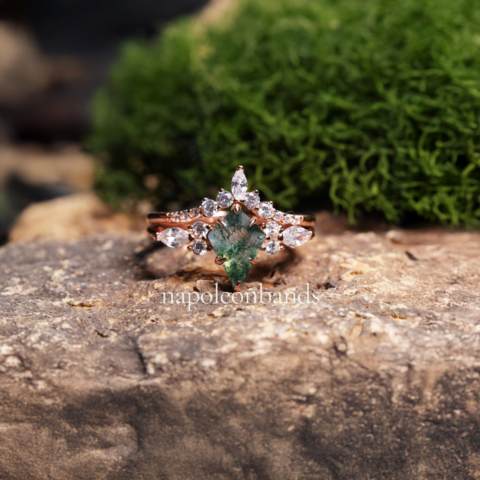 14K Rose Gold Marquise, Kite Cut Green Moss Agate Engagement Stackable Ring