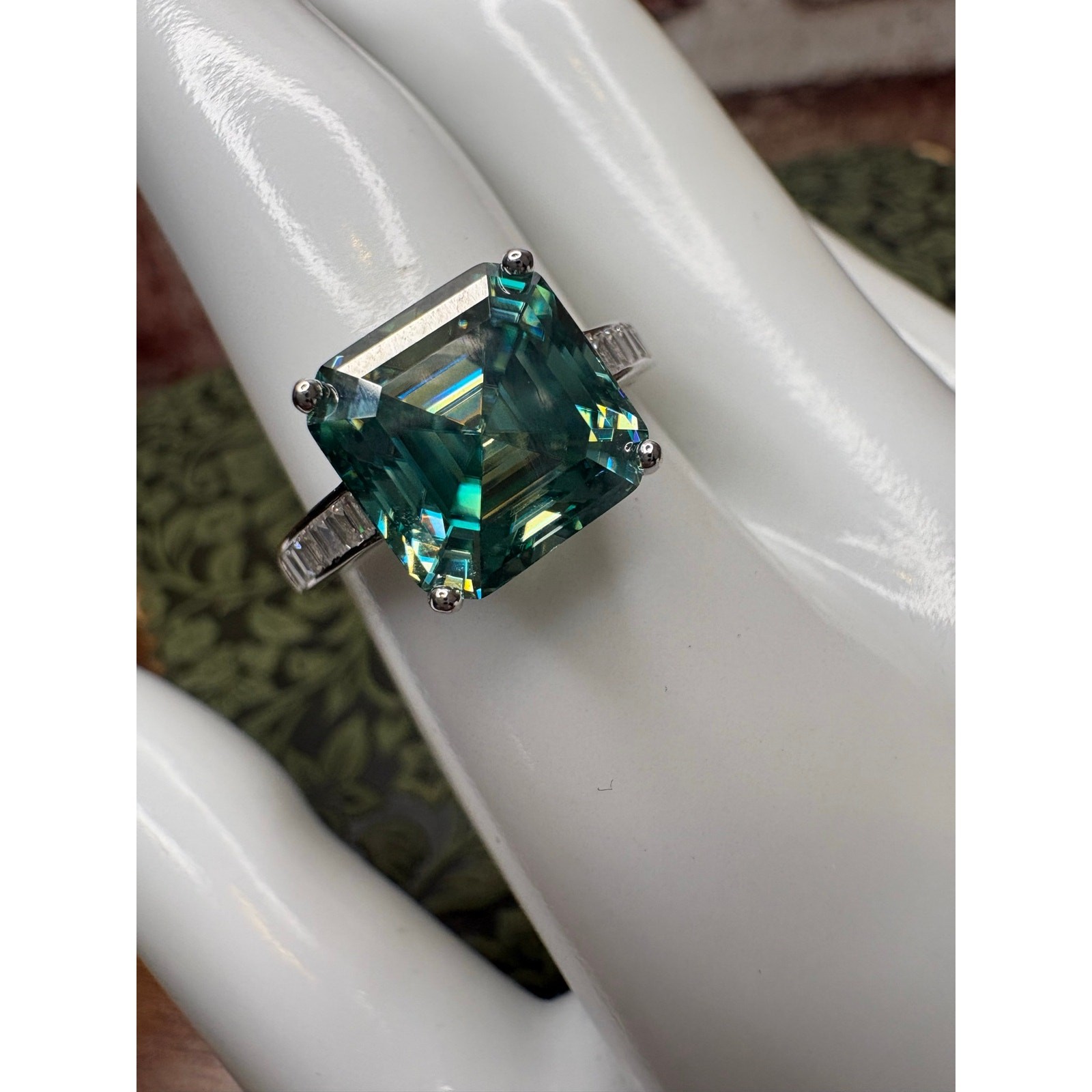 5 Carat Asscher Cut Teal Moissanite Ring 925 Sterling Silver Size 9