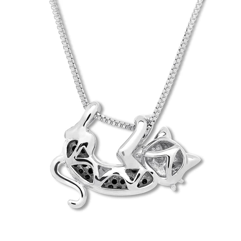 Black Simulated Diamond Cat Necklace 1/5 ct Silver 10K White Gold Plated