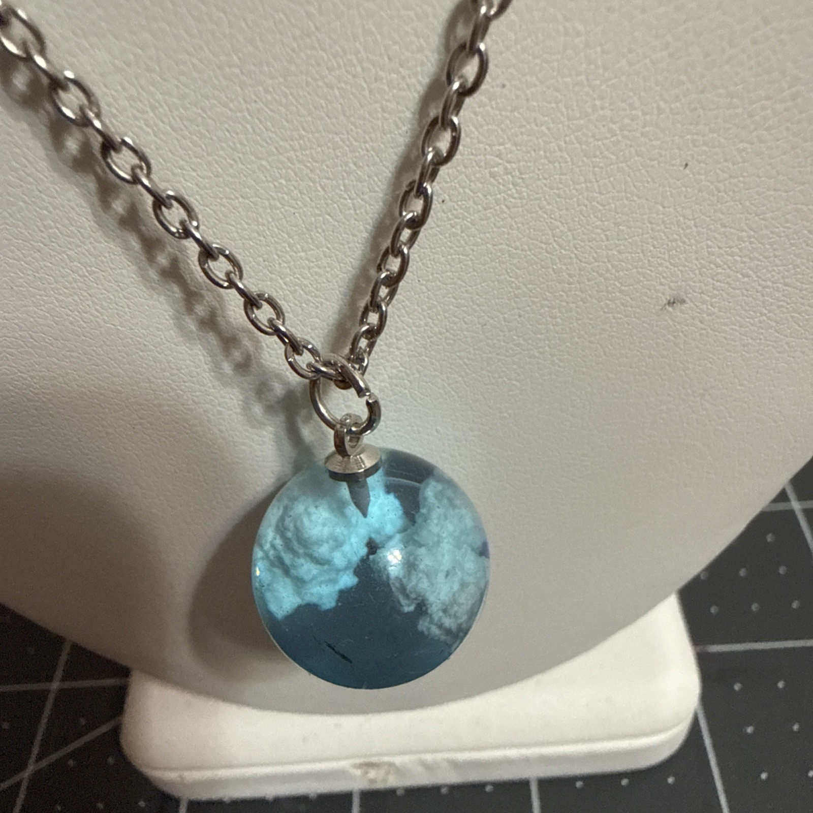 Transparent Resin Round Ball Moon Pendant Necklace Women Blue Sky White Cloud