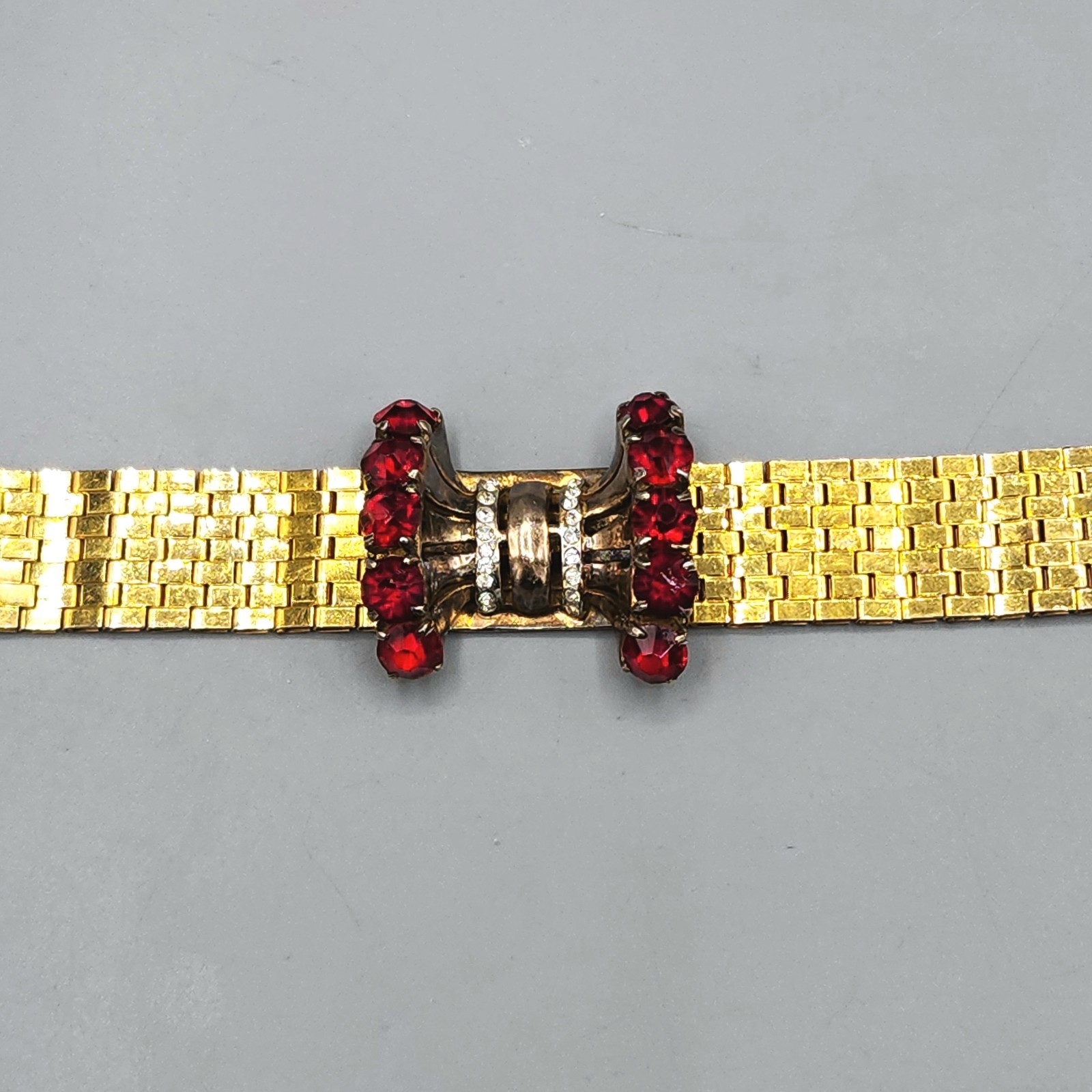 Unsigned Reinad Retro 12K GF Red Paste Crystal Brick Link Cuff Bracelet 6.5″