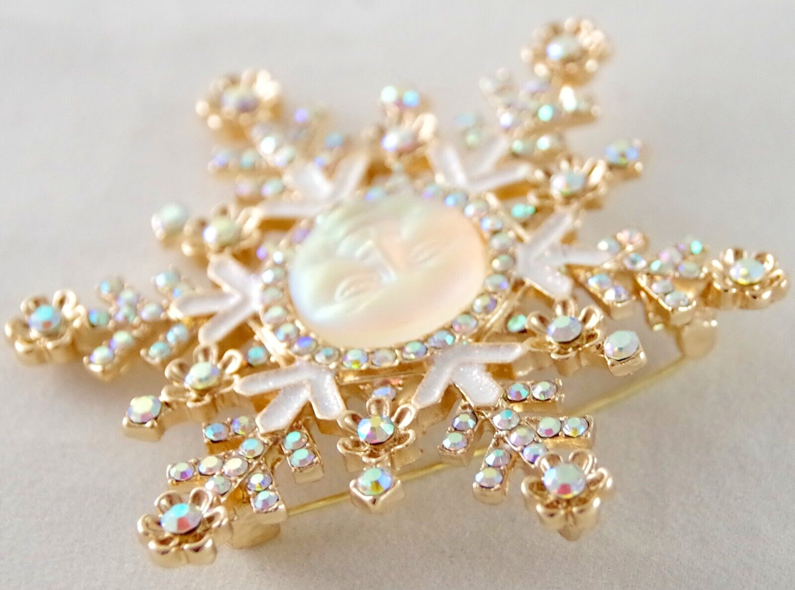 3″ NWOT UNSIGNED VTG INSPIRED MOON FACE AB RHINESTONE SNOWFLAKE PENDANT BROOCH
