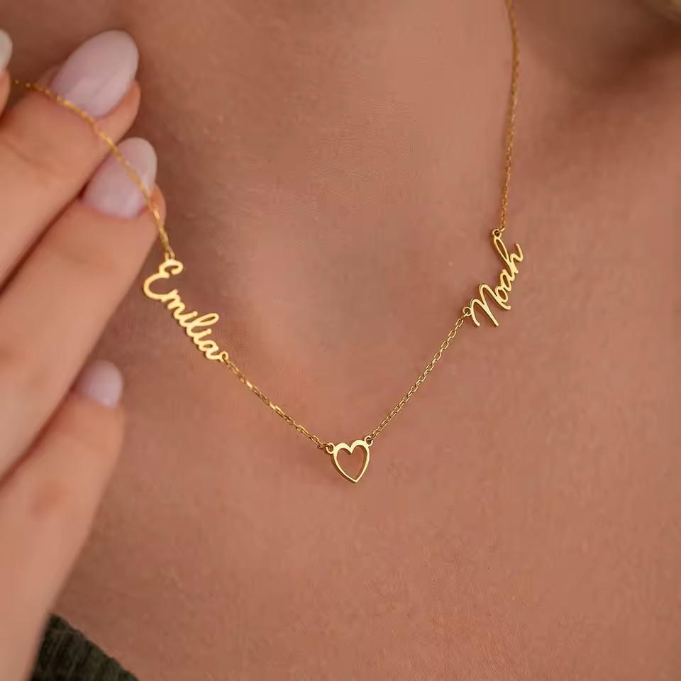 Custom Two Name Hollow Heart Pendant Necklace Chain Jewelry Love Gift Silver