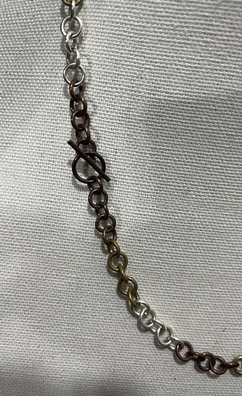 Tri Color Gold Silver Bronze Brutalism Inspired Chain Link Necklace Toggle Hook