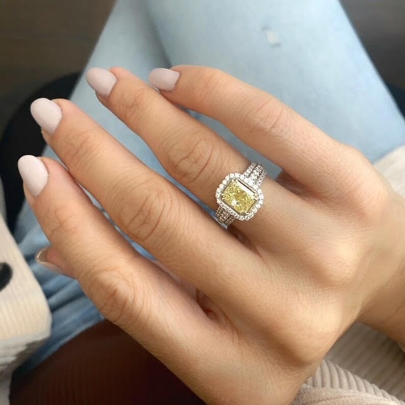 Fancy Yellow 3 Rows Shank Diamond Ring Radiant Cut CZ Diamond Engagement Ring