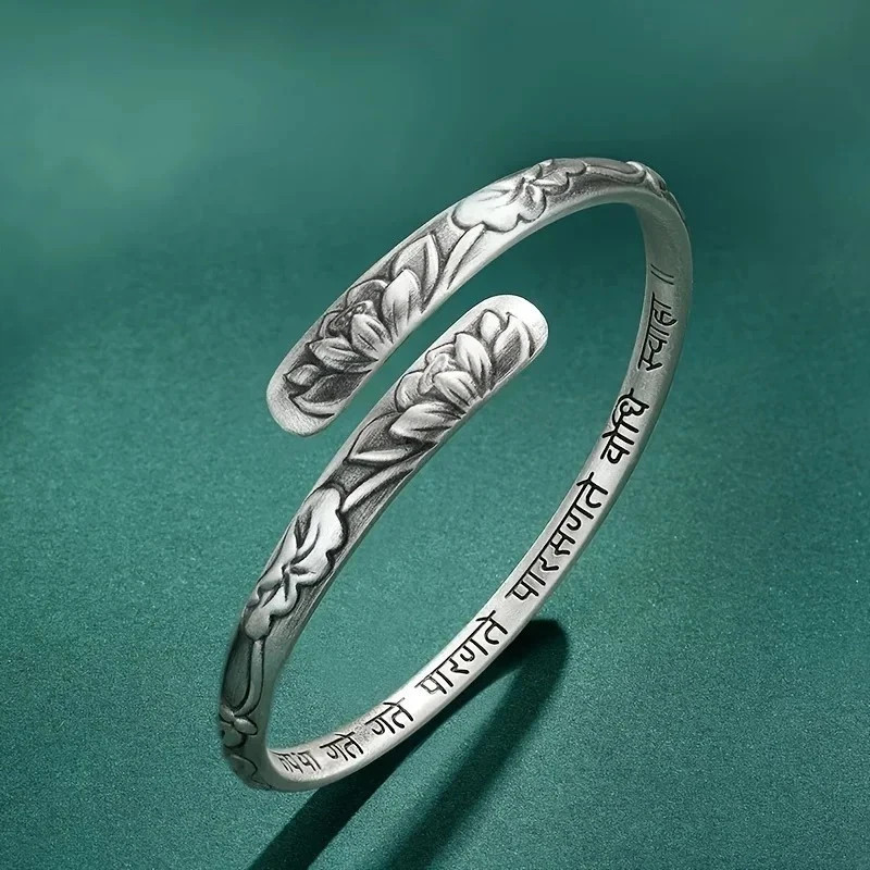 Vintage 925 Thai Silver Lotus Flower Cuff Bracelet for Women Buddhism Bangle