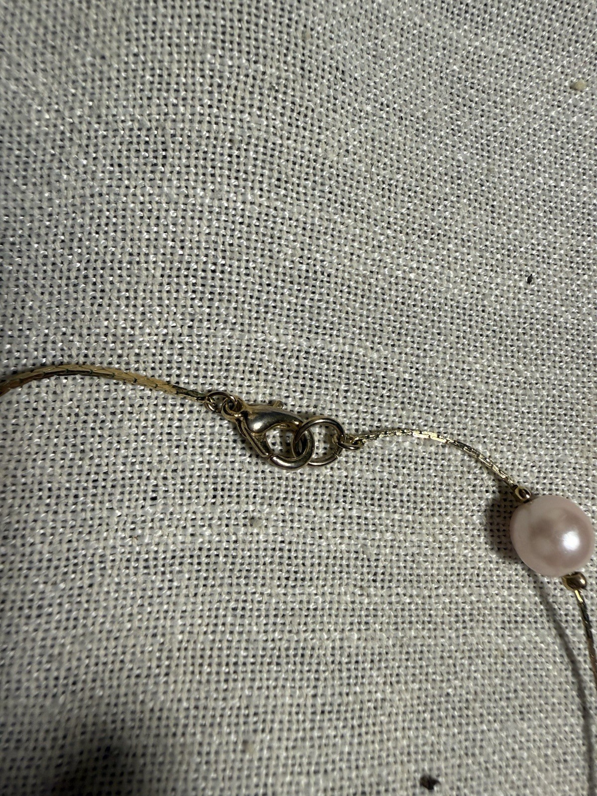 #6 Gold Tone Station Cable Chain Necklace Pink Round Pearl Bezel 18” Spring Ring