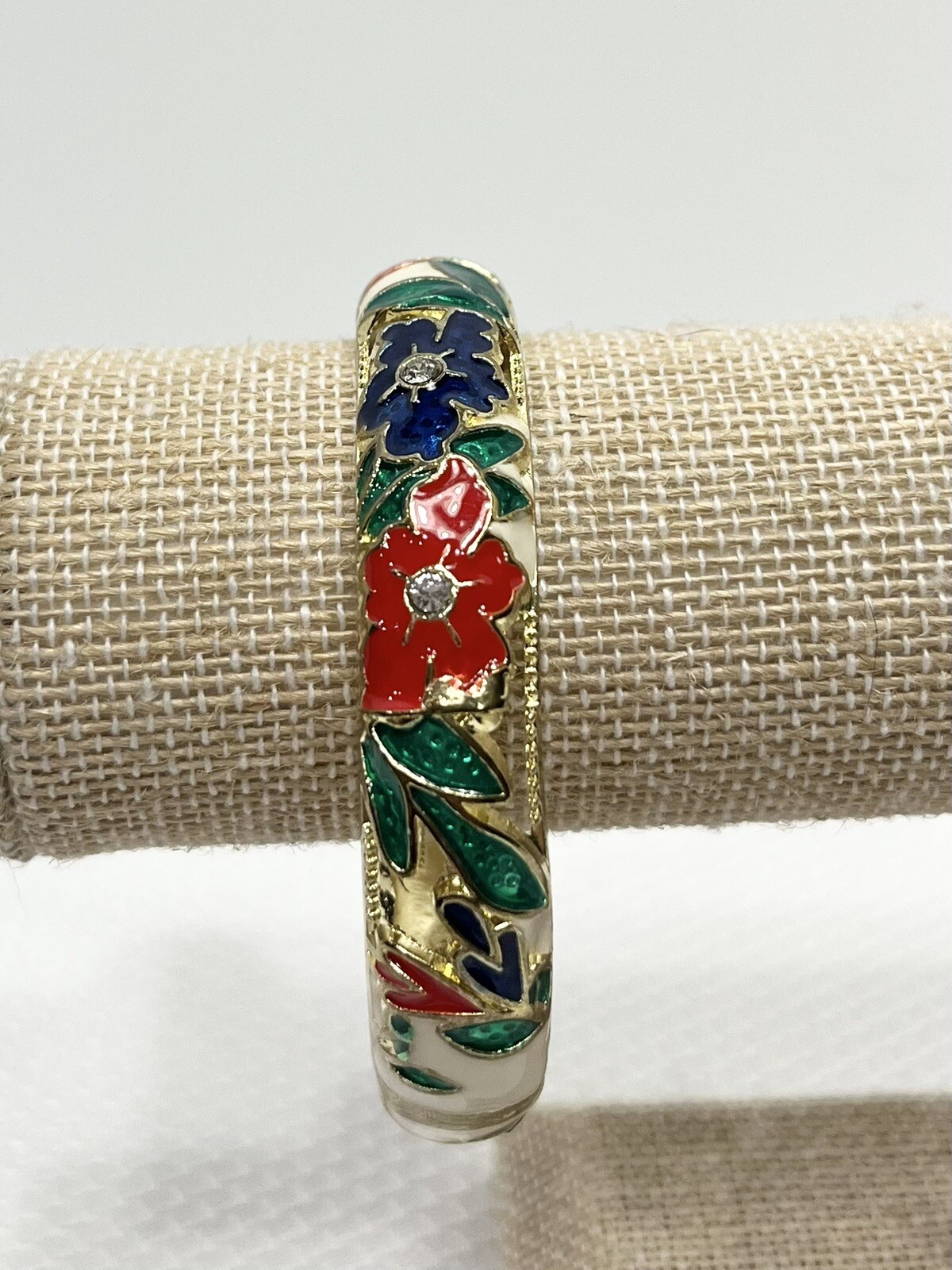 Holiday Bangle Enamel Bracelet Floral Christmas Red Green Blue White and Gold