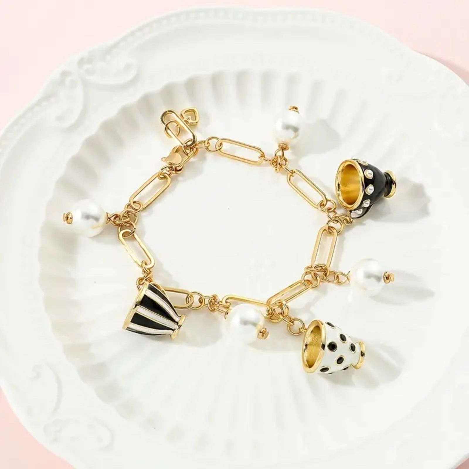 Alice in Wonderland Mad Hatter Tea Party Gold black and white bracelet