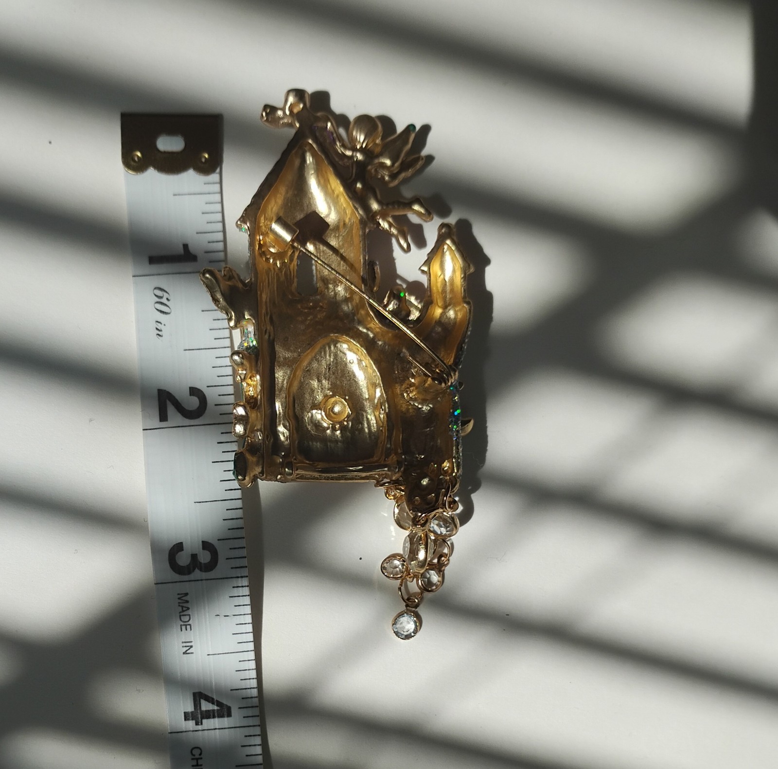 Fairy Castle Brooch Pin Rhinestone Enamel Dangle Charm Kirk’s Folly Style Purple