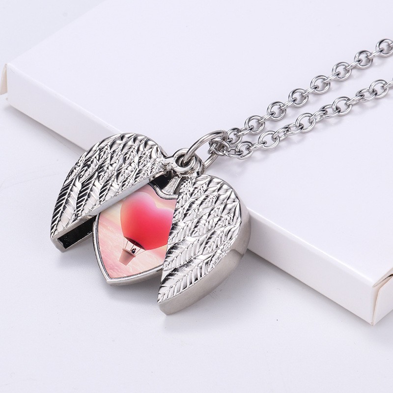 Silver Angel Wings Heart Photo Locket Necklace Memorial Keepsake Gift Pendant