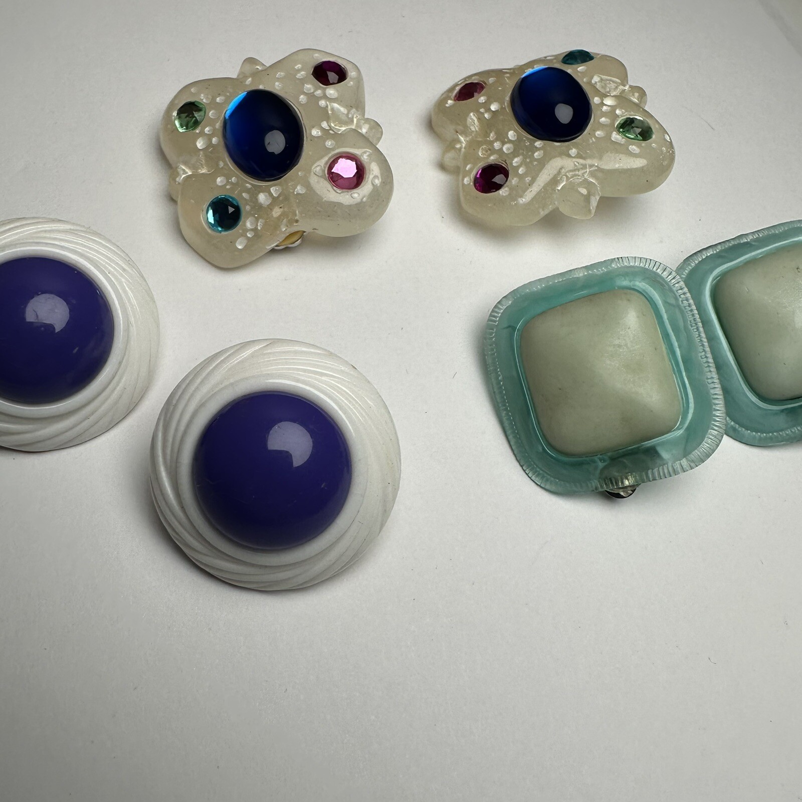 Vintage & Retro Colorful Plastic / Resin Clip On Earrings Lot Of 3