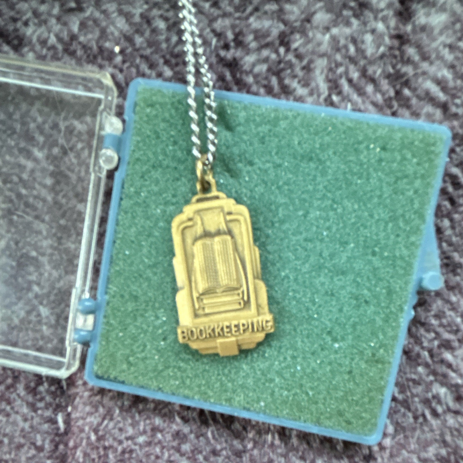 Bookkeeping Charm Pendant Necklace Gold-Tone Rectangle on Silver Ball Chain