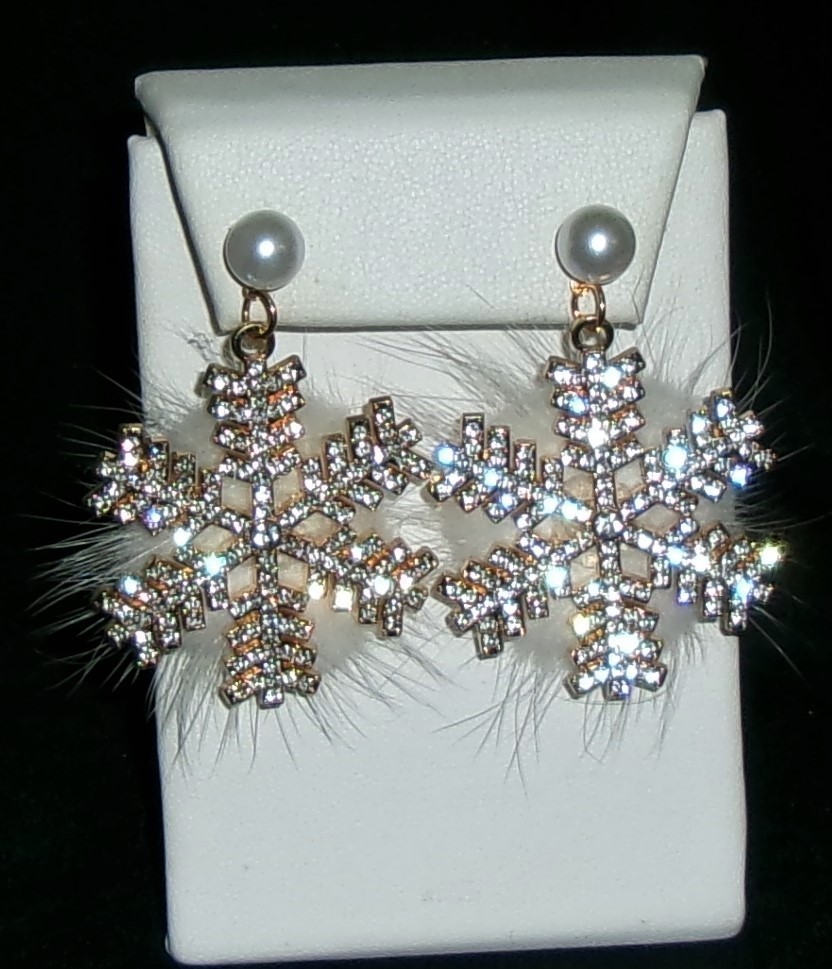 Snowflake WINTER Earrings Clear Rhinestones Faux Fur Back Pierced NEW