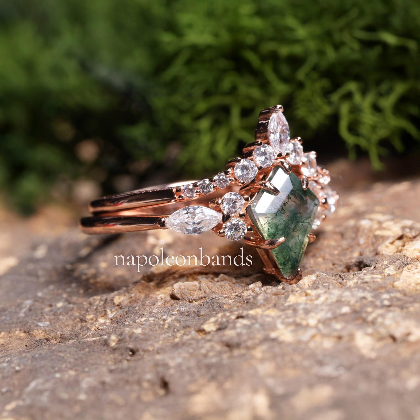 14K Rose Gold Marquise, Kite Cut Green Moss Agate Engagement Stackable Ring