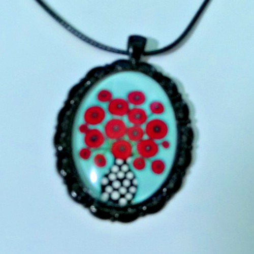 Pretty Vase of Poppies Large Medallion Style Necklace