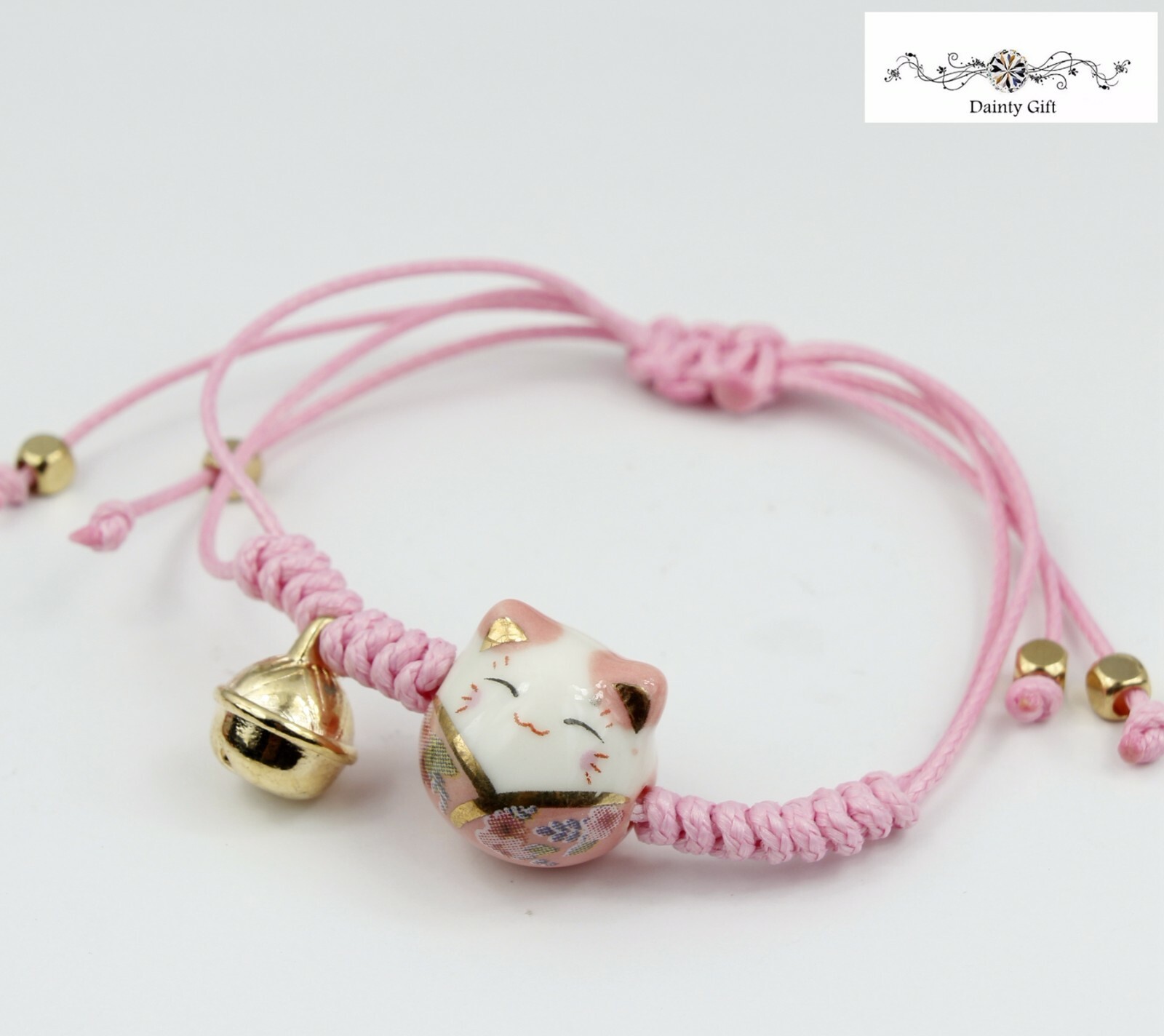 Girl Women Luck Ceramic Fat Cat / Kitty Ball Animal Adjust Rope Bracelet 4-9″