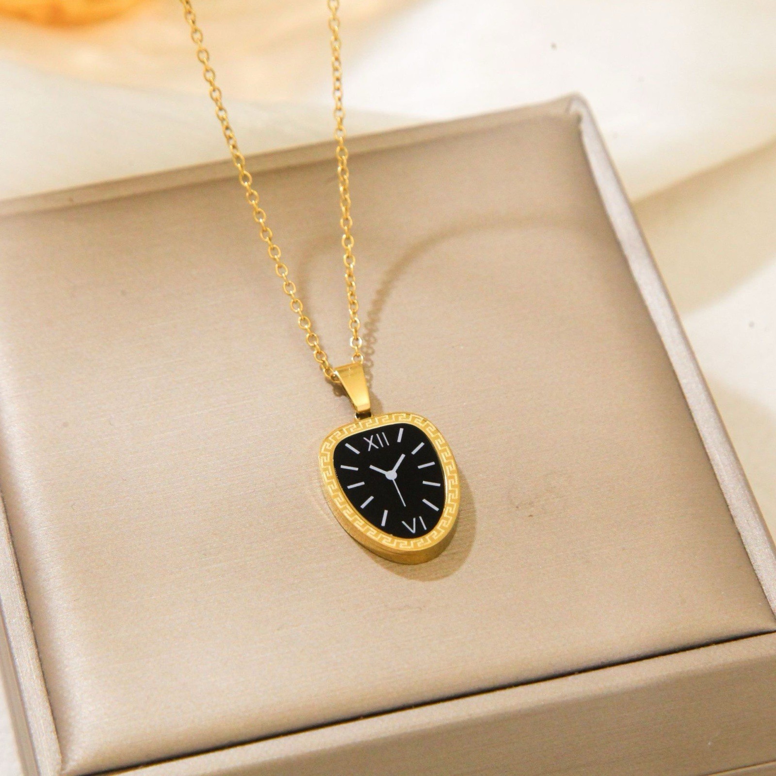 Gold Plated Titanium Steel Roman Numeral Oval Pendant Cable Chain Necklace