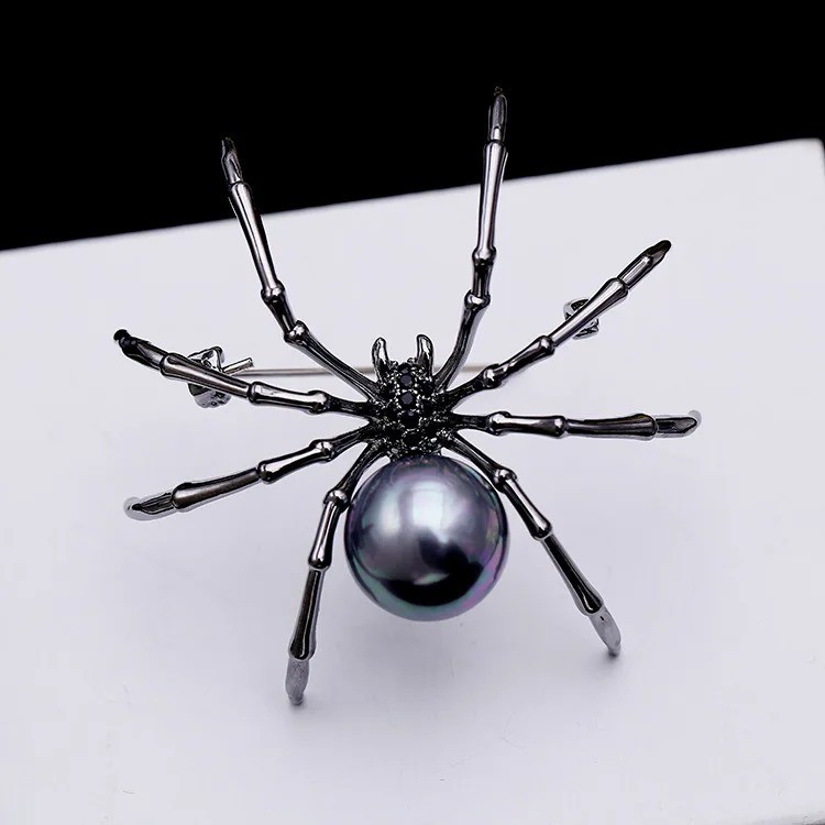 Vintage Black Rhinestone Spider Brooch Pearl Pin Insect Bug Jewelry Summer Gift