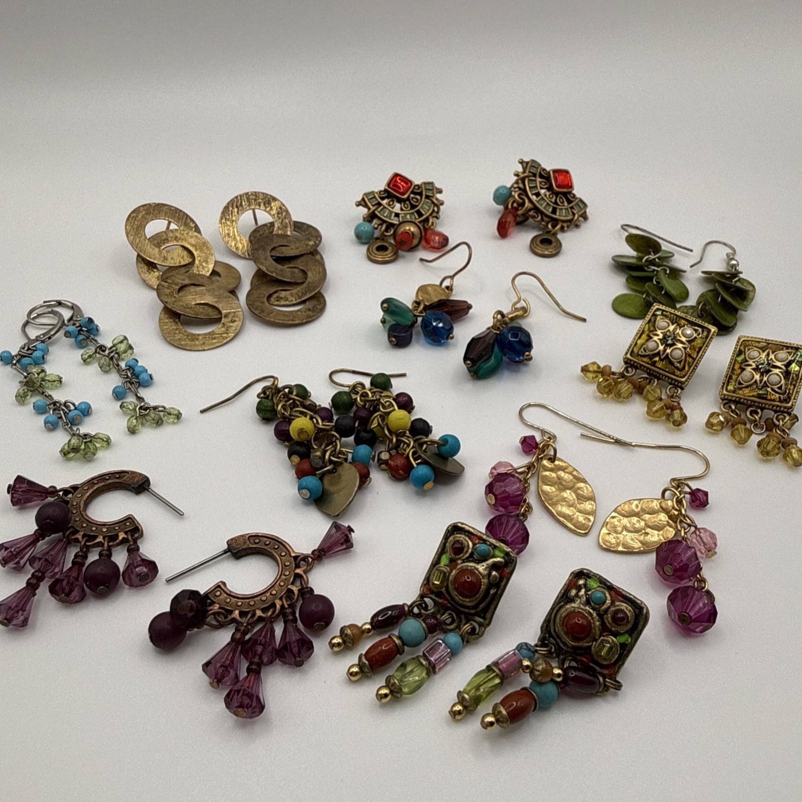 Colorful Boho Dangle Earrings Eclectic Pierced 10 Pair Cha Cha Shell Crystal