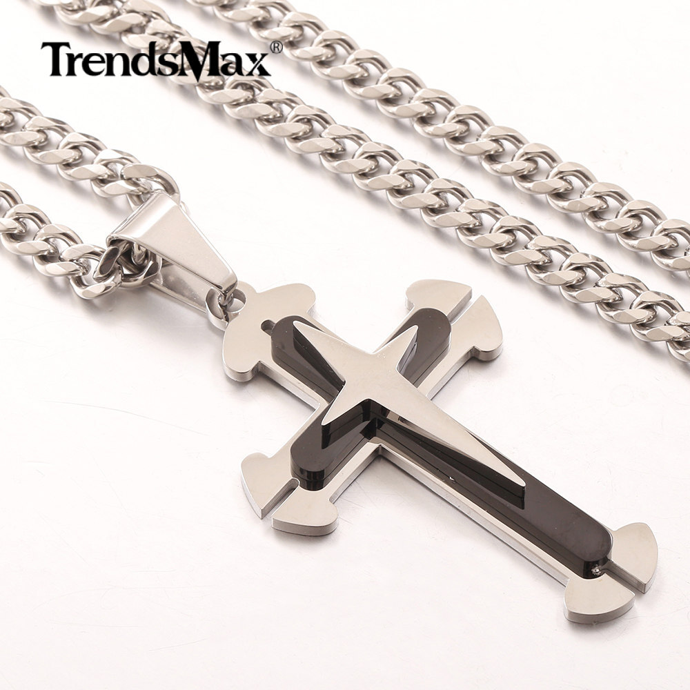 Silver+Black Stainless Steel Layered Cross Pendant Necklace 18″-30″ Cuban Chain