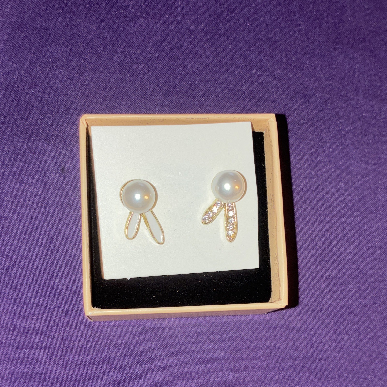 Gold Tone White Round Pearl Stud Earrings w/ Crystal Drops, Nickel-Free