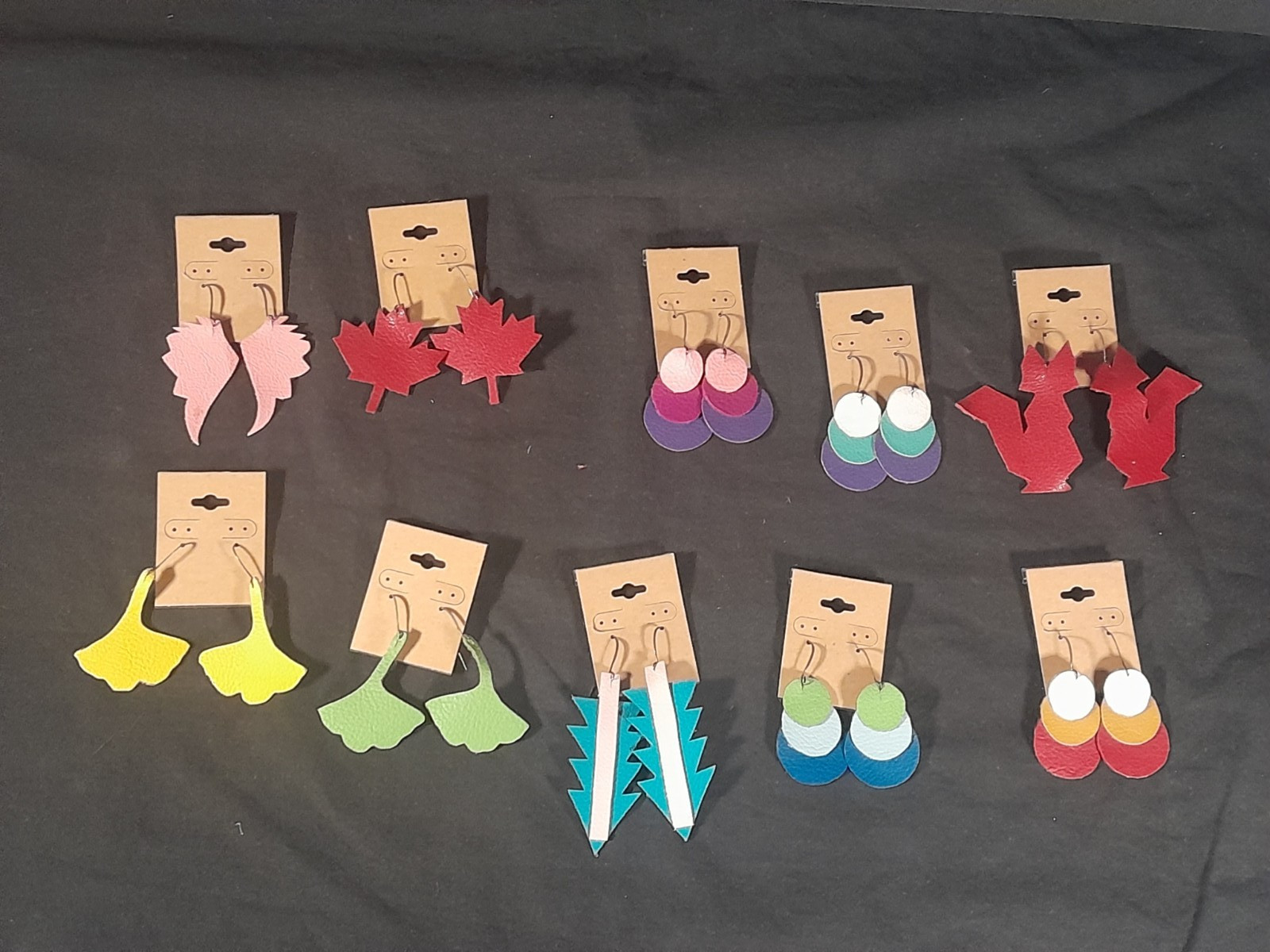 Leather Dangle Pierced Earrings. Lot of 10 various Pairs. Hand made.
