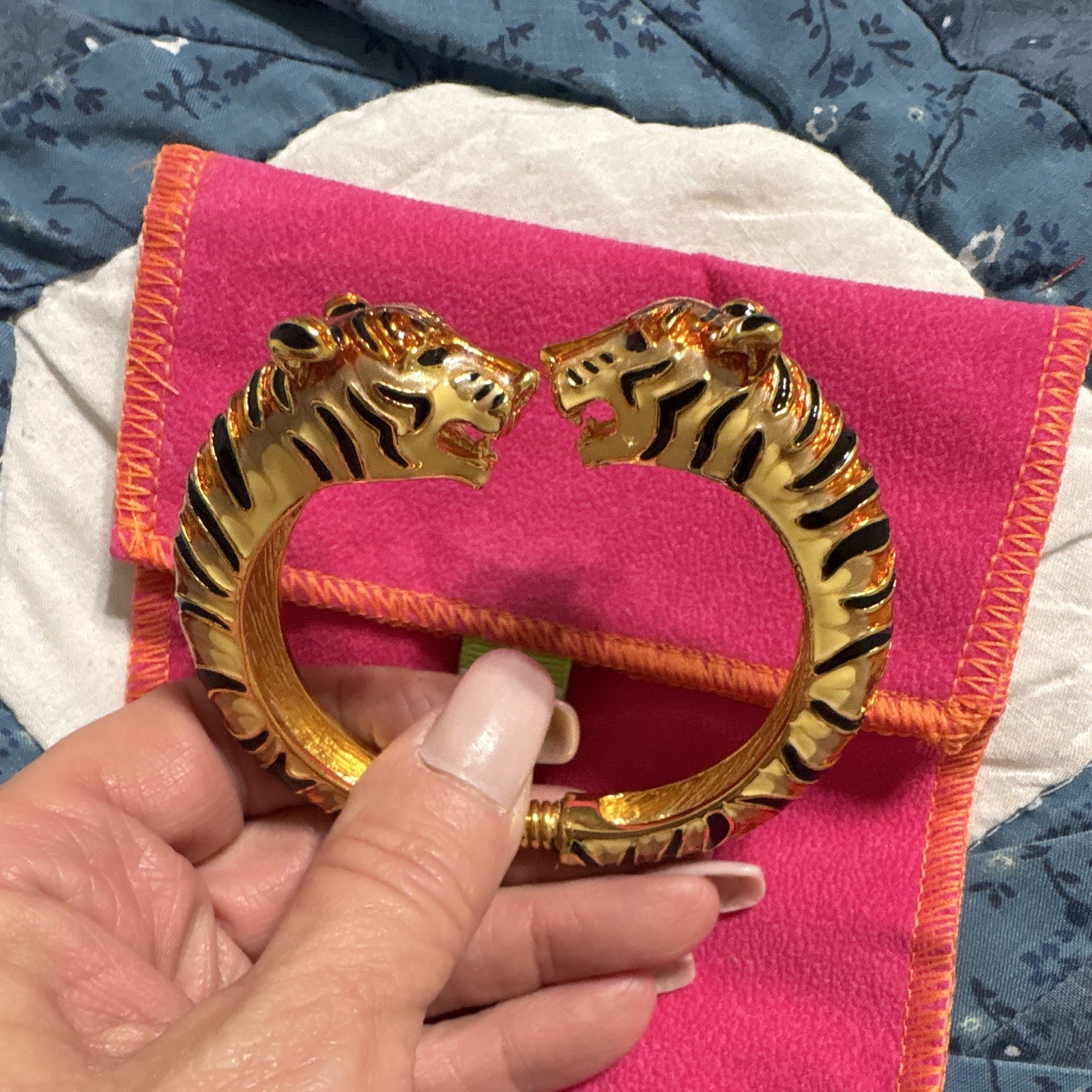 Kenneth Jay Lane Double Tiger Head Hinged Bangle Bracelet
