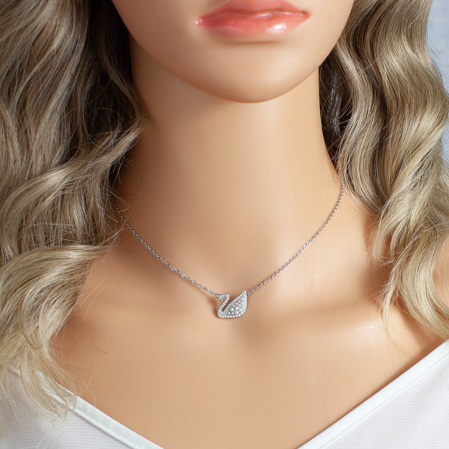 Swarovski Swan Necklace Crystal Pearl Silver Tone Chain 15” + Extender
