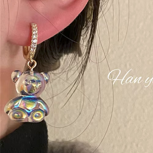 Adorable TEDDY BEAR Rhinestone Gold Clear Dangle Betsey Johnson Earrings