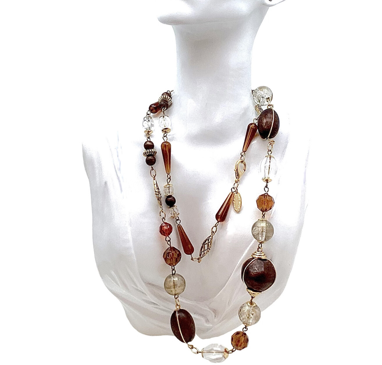 Italy Express 36” Long Beaded Necklace Gold Tone Mixed Materials Statement