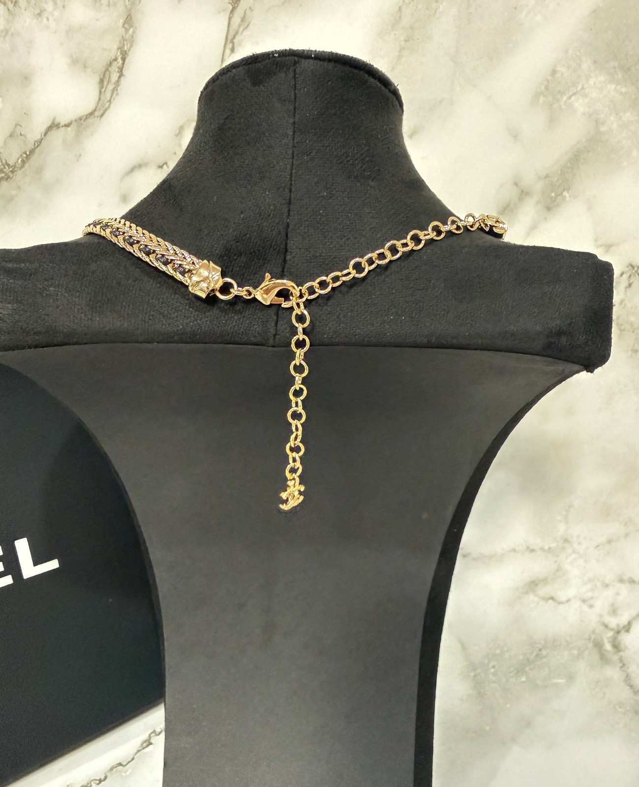 CHANEL Gold Black Leather Woven Chain Choker Necklace CC Logo BRAND NEW