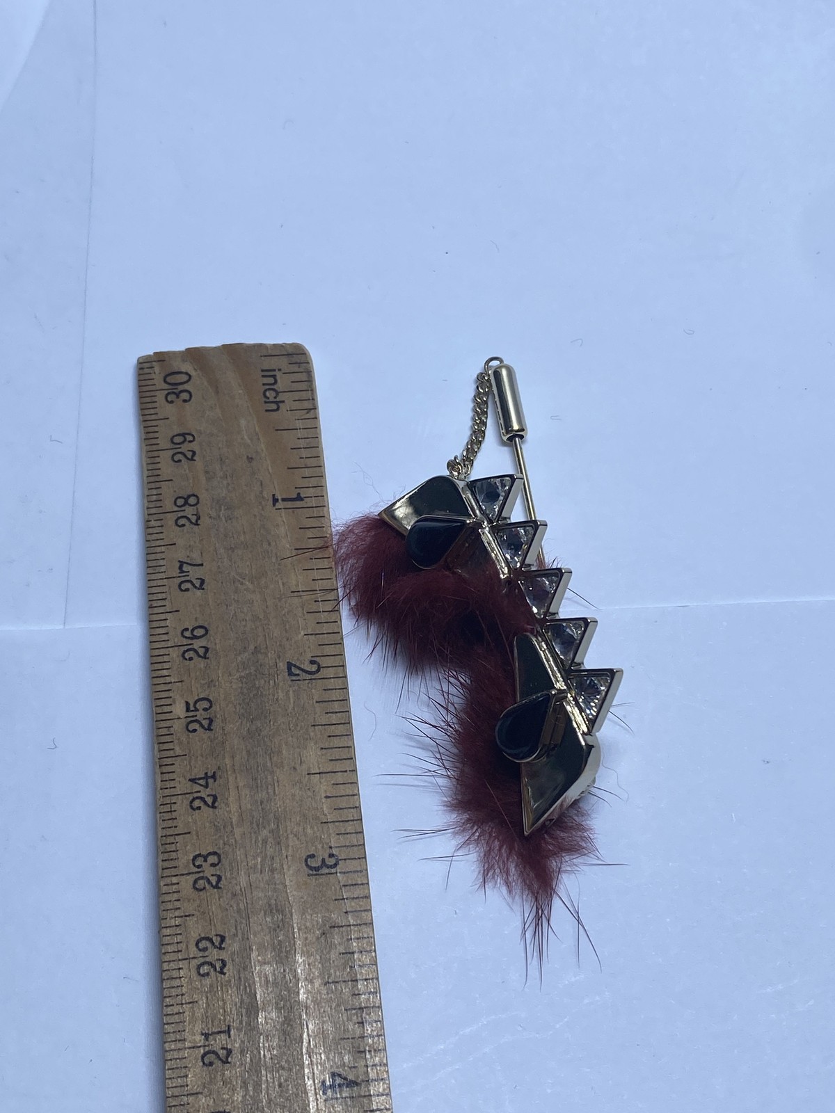 Fendi Bag Bugs Monster Brooch Stick Pin Burgundy Fur Crystal Gold Tone COA