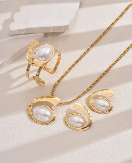 Faux Pearl Necklace Bracelet Earring Set White Big Beads Classy New