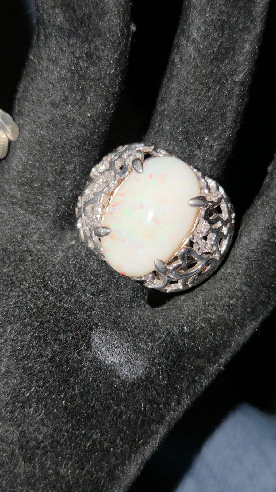 Silver Filigree Cocktail Ring w/ Oval 8ct Lightening Ridge Australian Opal