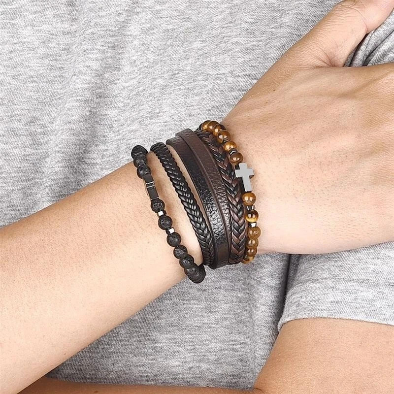 Men’s Cross Leather Braided Bracelet Tiger Eye Stone Protection Cuff Bangle Gift