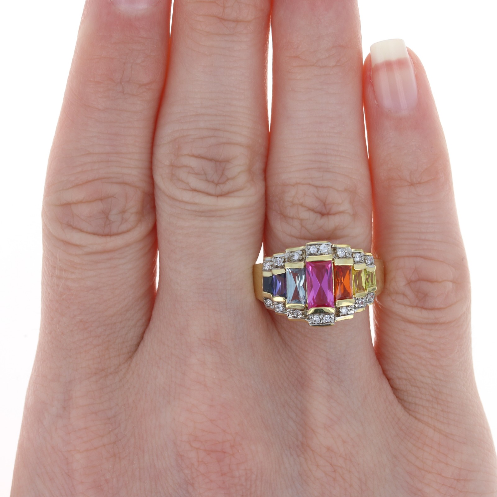 Sterling Multi-Color Synthetic Sapphire & CZ Ring 925 Gold Pltd 3.11ctw Sz 5 3/4