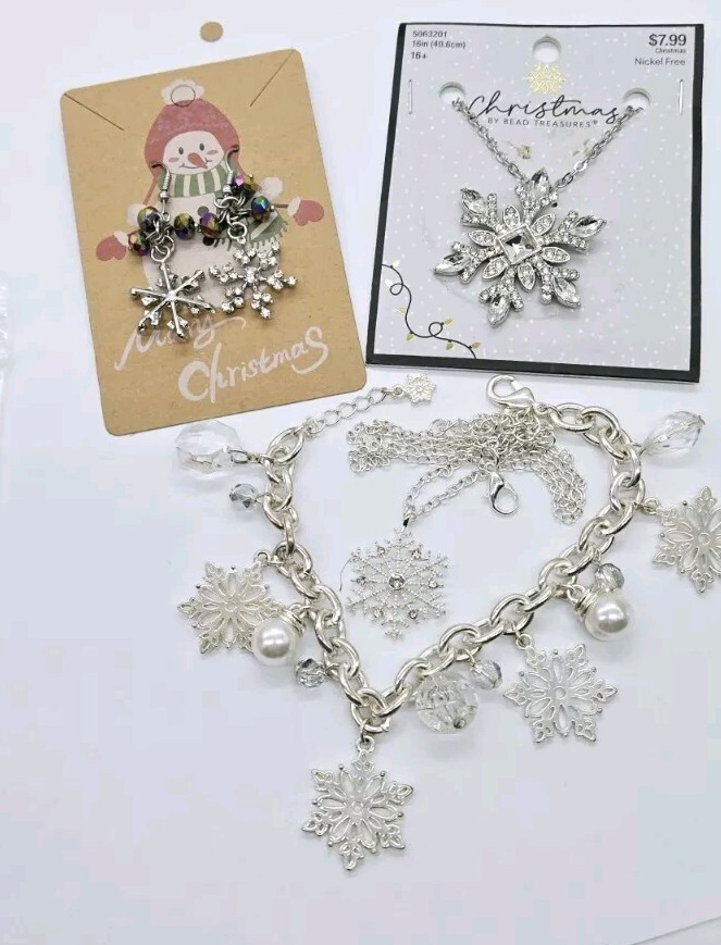 Snowflake Christmas Necklace Bracelet Earring Lot Silver tone Set of 4