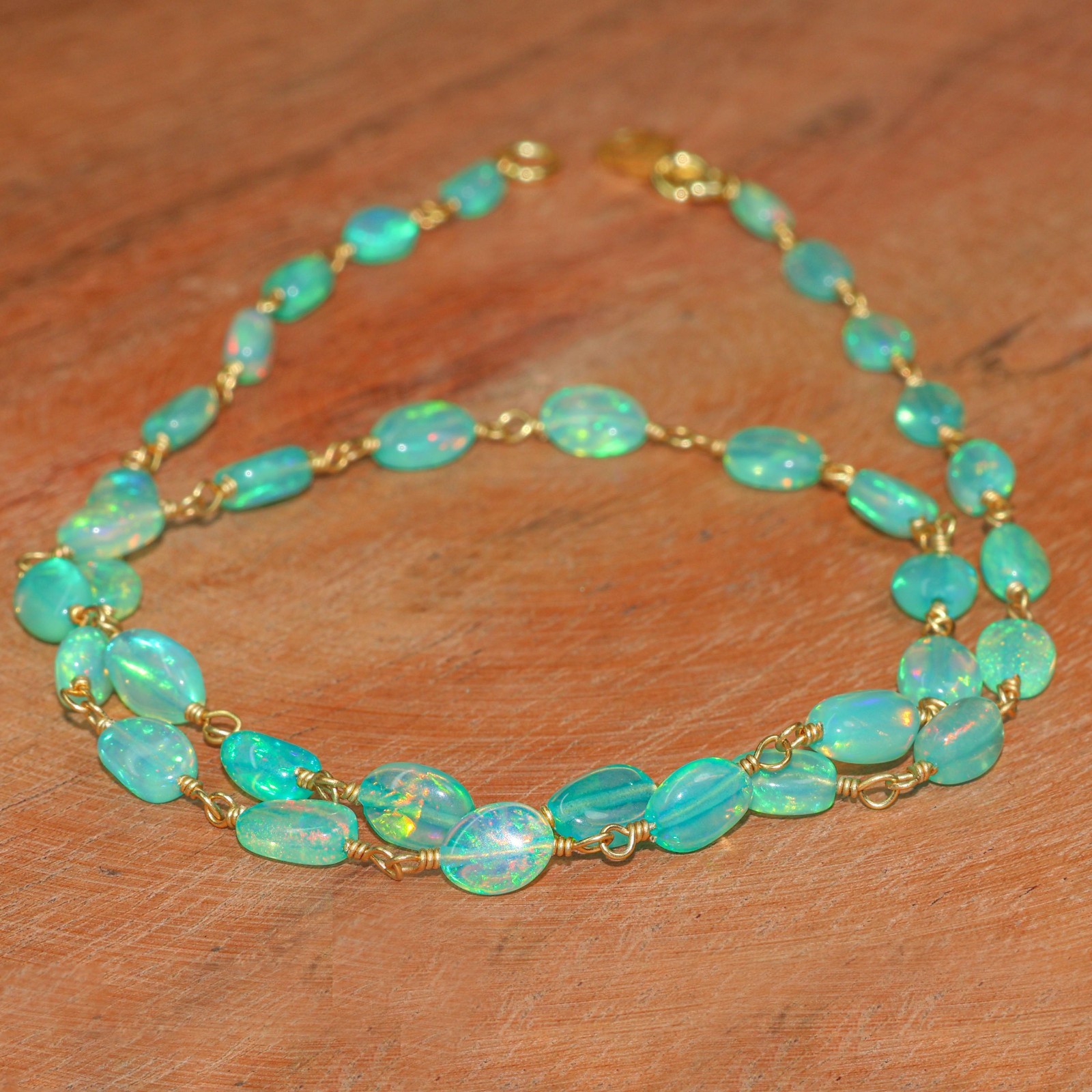 Fire Green Opal Tumble Beads Wire Wrap Necklace, Natural Ethiopian Opal Beaded