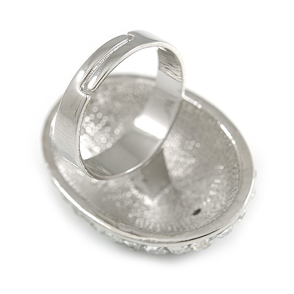 30mm Dome Shape Crystal Ring In Silver Tone Metal/ Clear/Grey/ Size 7/8 Adjustab