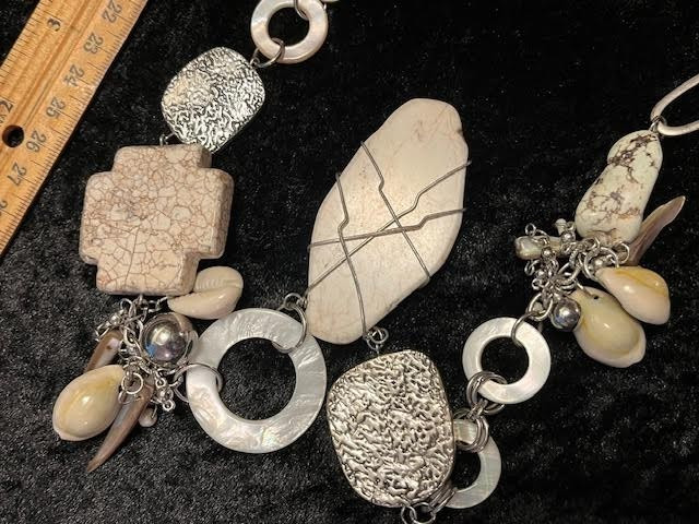 Vintage Signed CHICO’S Stone, Metal, Shell Beads w/Metal Chain 36″ Asymmetrical