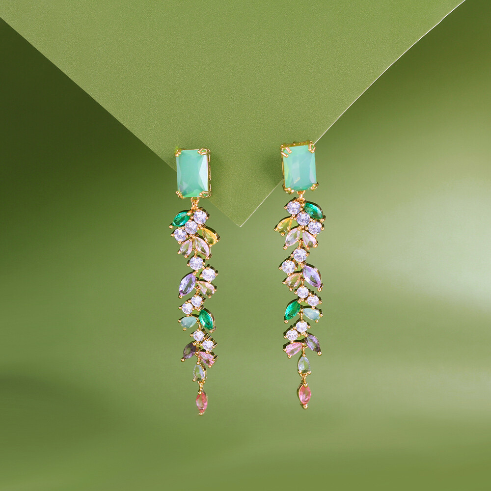 Green Baguette Gold Plated CZ Multicolor Long Leaf Drop Crystal Dangle Earrings