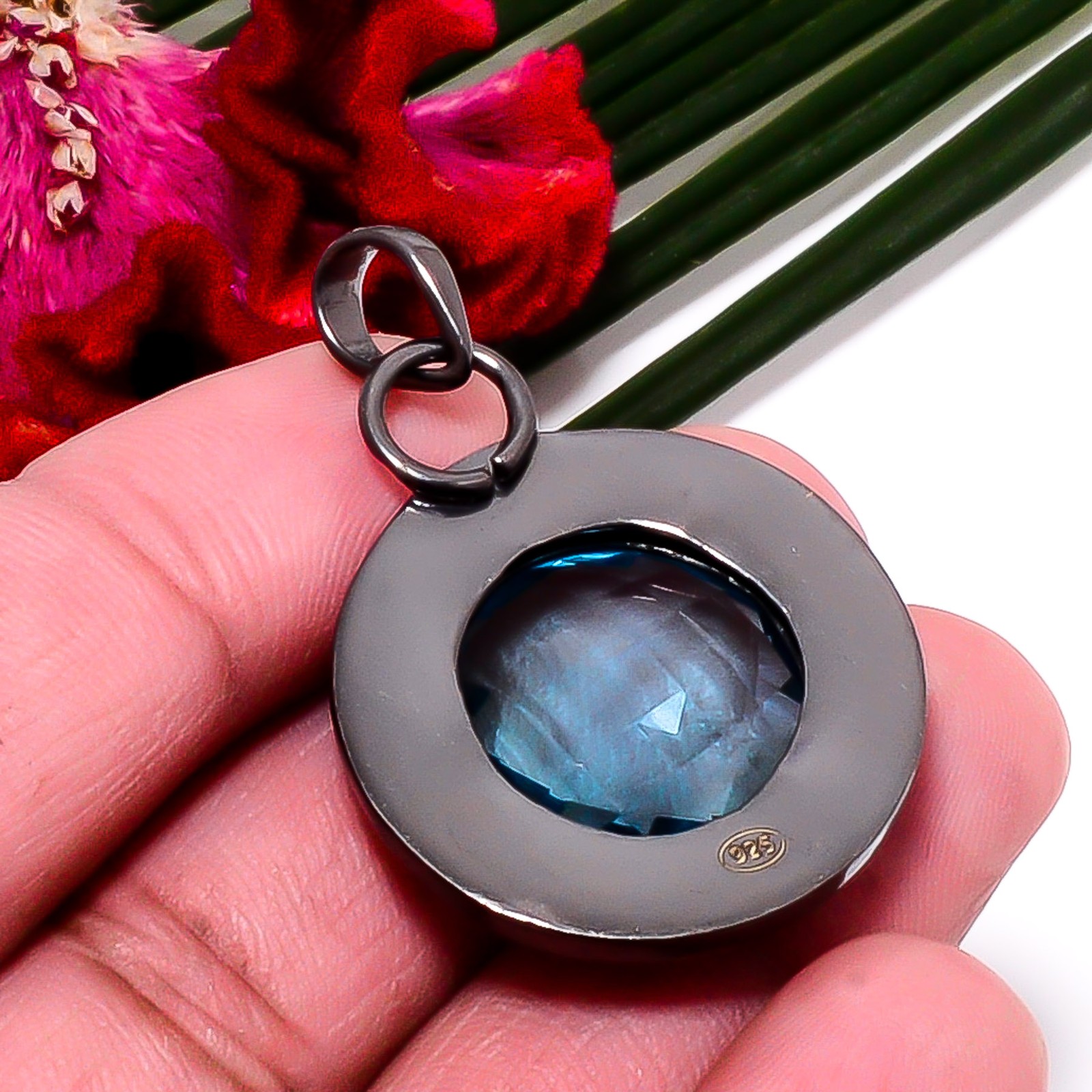 Blue Topaz Black And Gold Plated Designer 925 Sterling Silver Pendant 1.64″ Su45