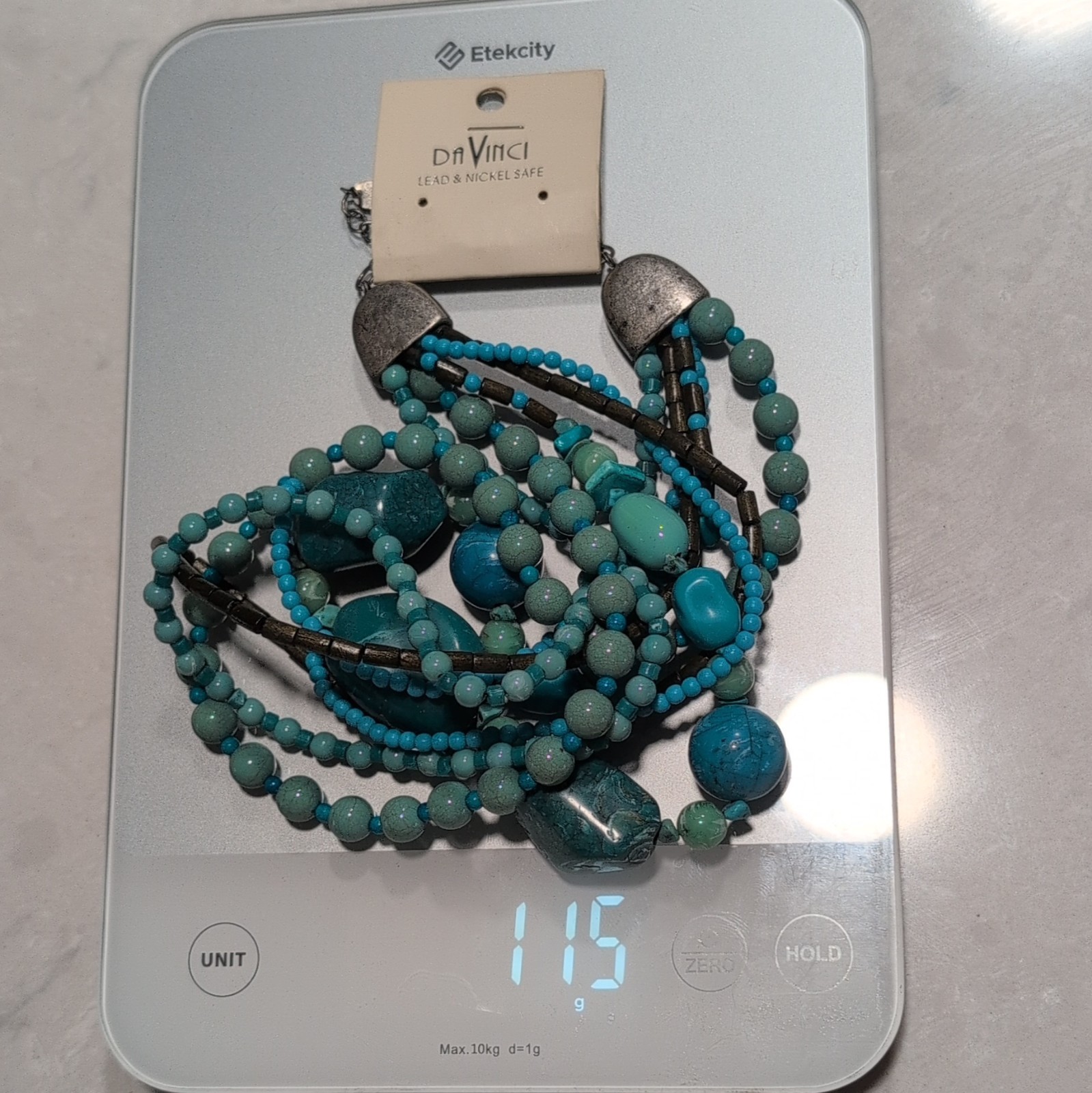 DaVinci Layered Turquoise Blue Beaded Necklace, Adjustable 18in Lobster Clasp