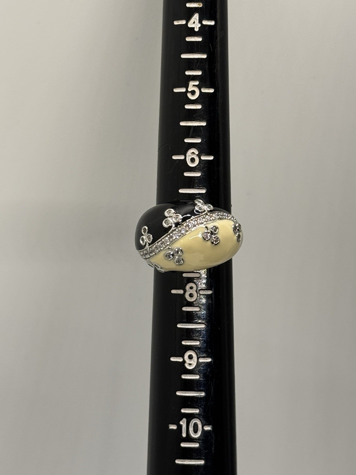 Sterling Silver Cream Black Enamel Rhinestone Dome Ring Size 7.5