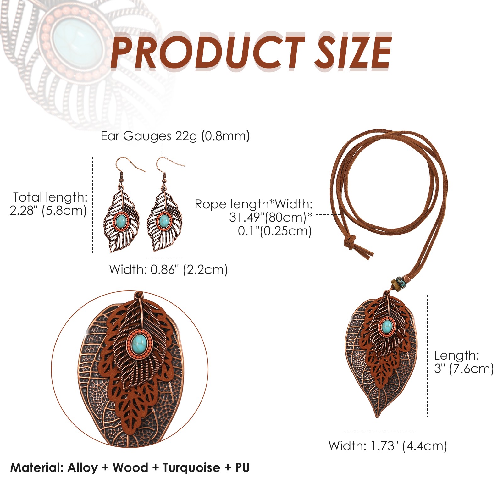 3Pcs Women Retro Bohemian Leaf Necklace Earring Set Turquoise PU Leather Jewelry