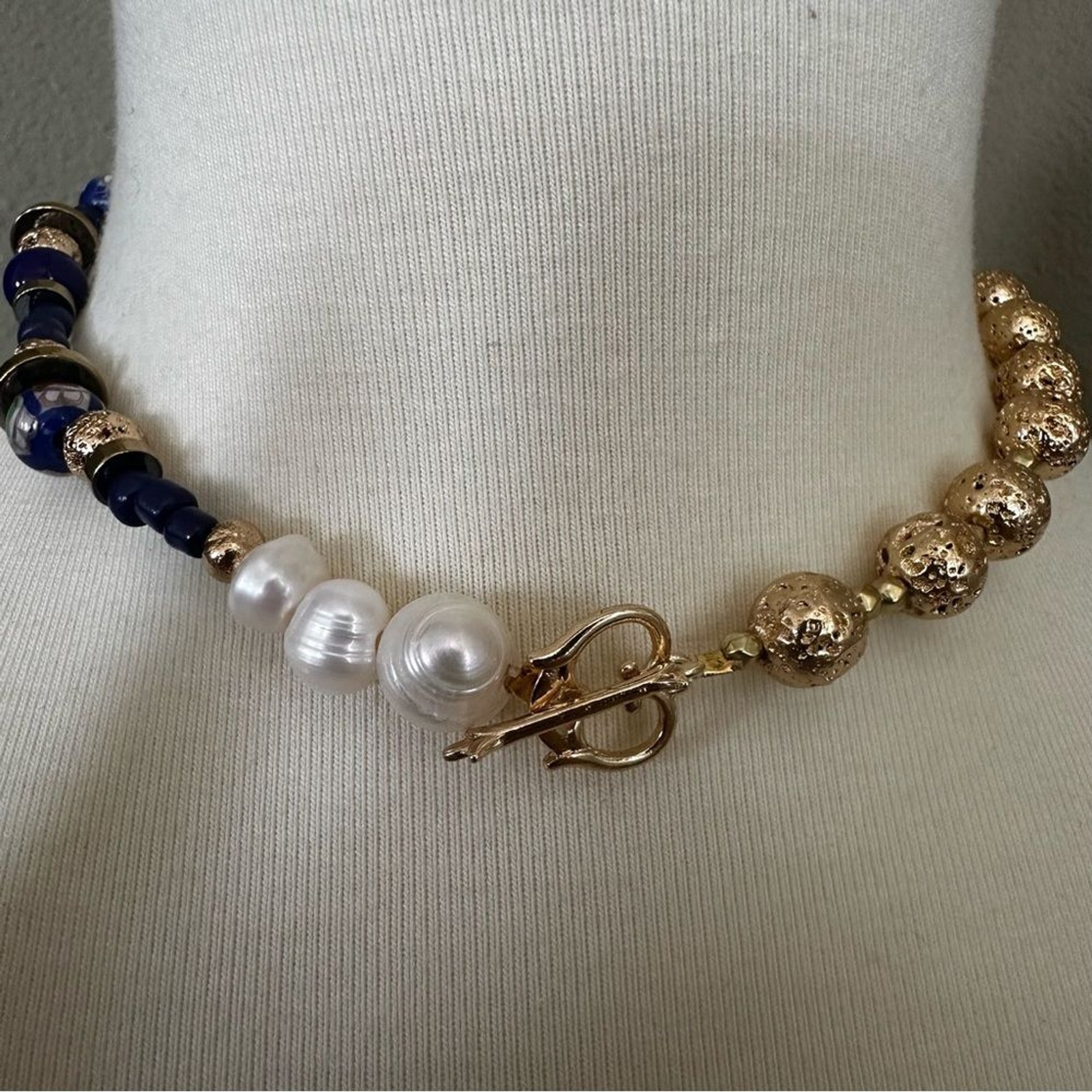 Handmade glass bead semi precious stone freshwater pearl toggle Necklace